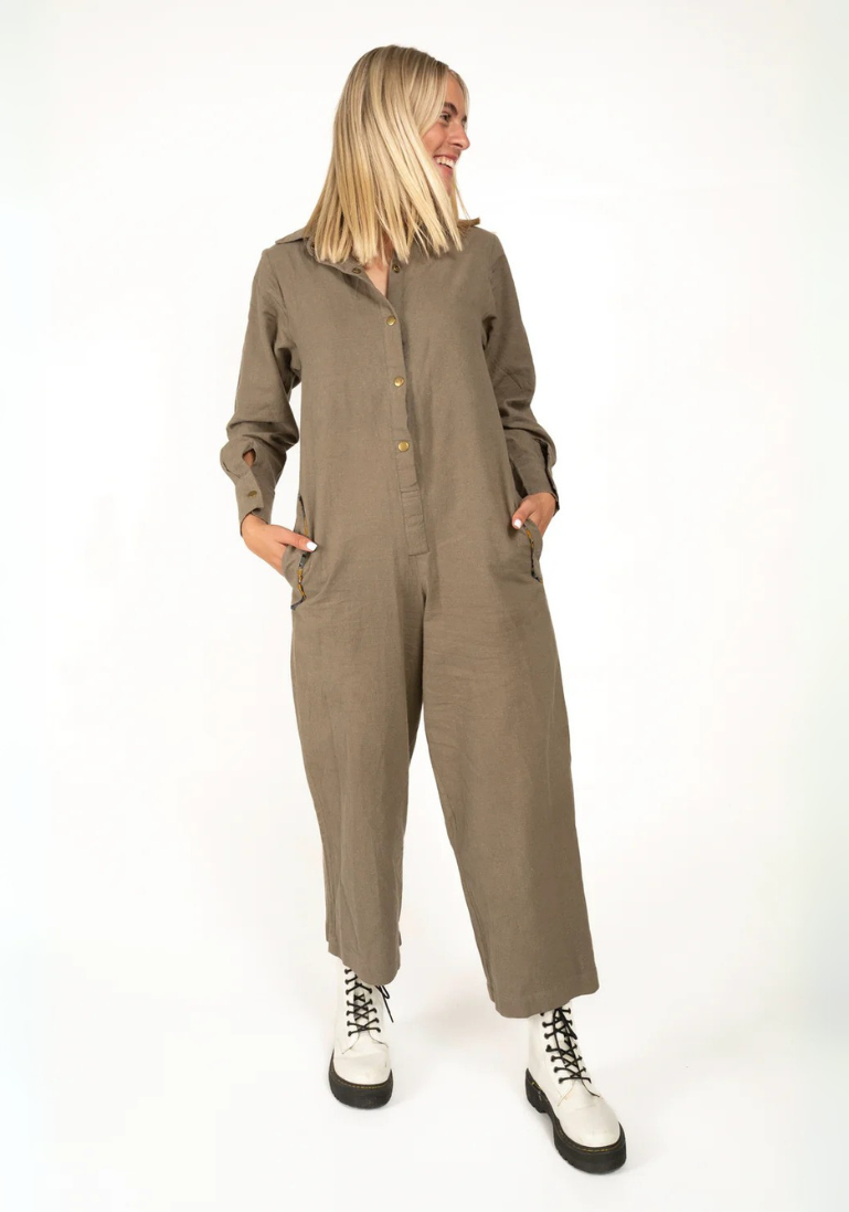 Washed Army Green Shirt Jumpsuit