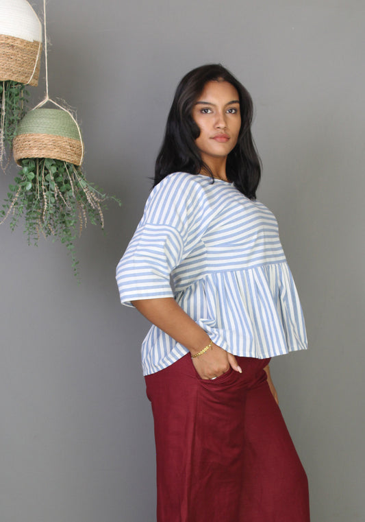 Ruffle Top - Blue & White Stripes