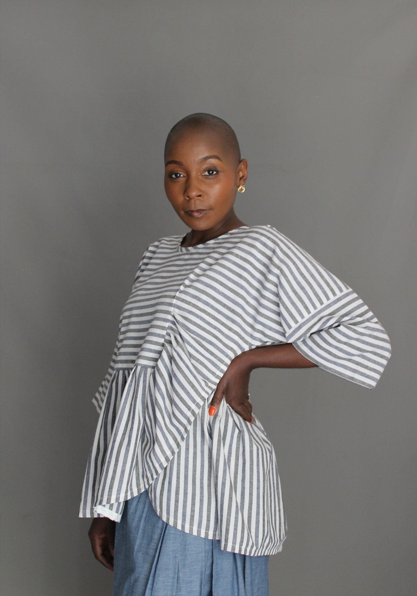 Ruffle Top - Grey & White Stripes