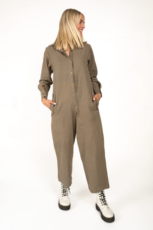 Washed Army Green Shirt Jumpsuit