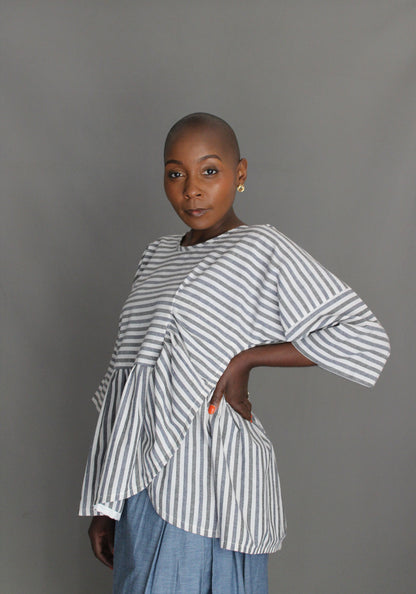 Ruffle Top - Grey & White Stripes