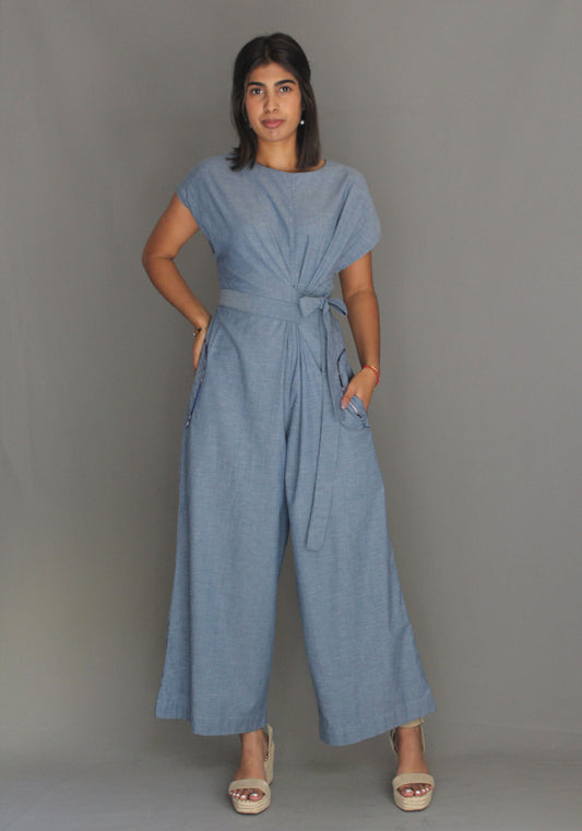 Blue Chambray Tie Jumpsuit